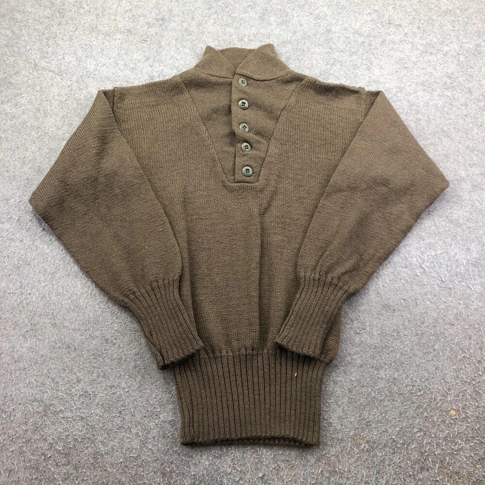 Vintage Military Sweater Mens Medium Green Wool Henley Mock Neck Workwear